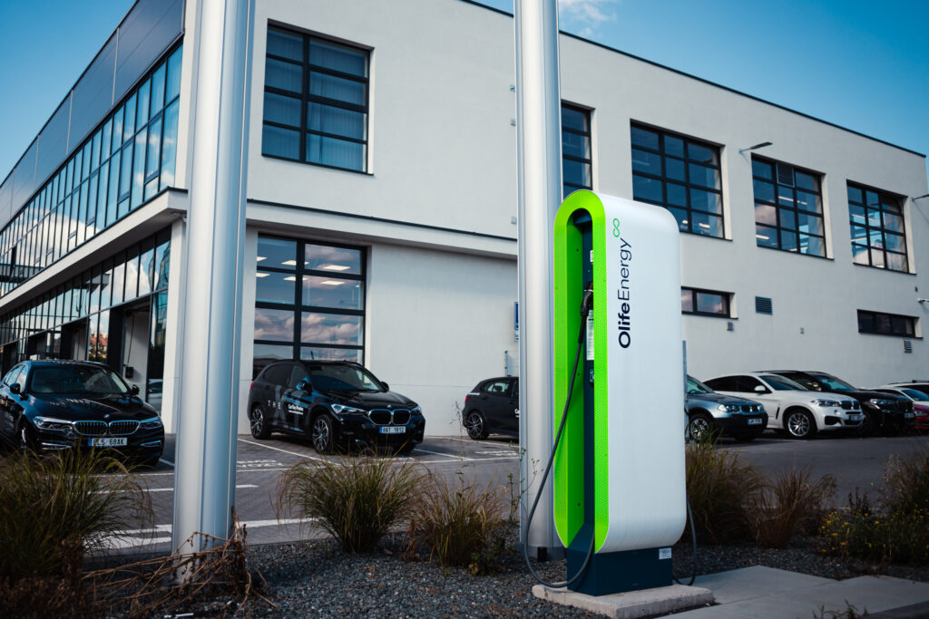 OlifeEnergy DC Charger in front of CarTec BMW dealership.